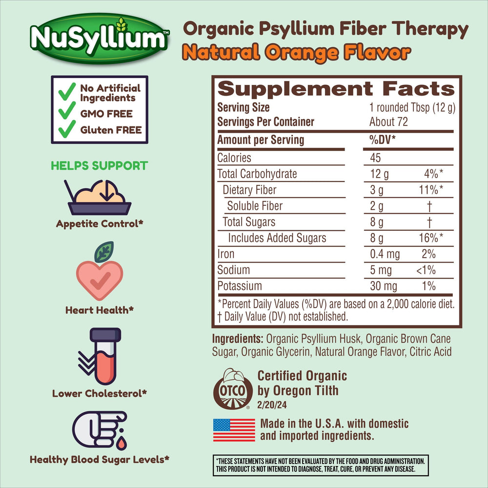 NuSyllium orange-flavored powder for easy mixing in water.