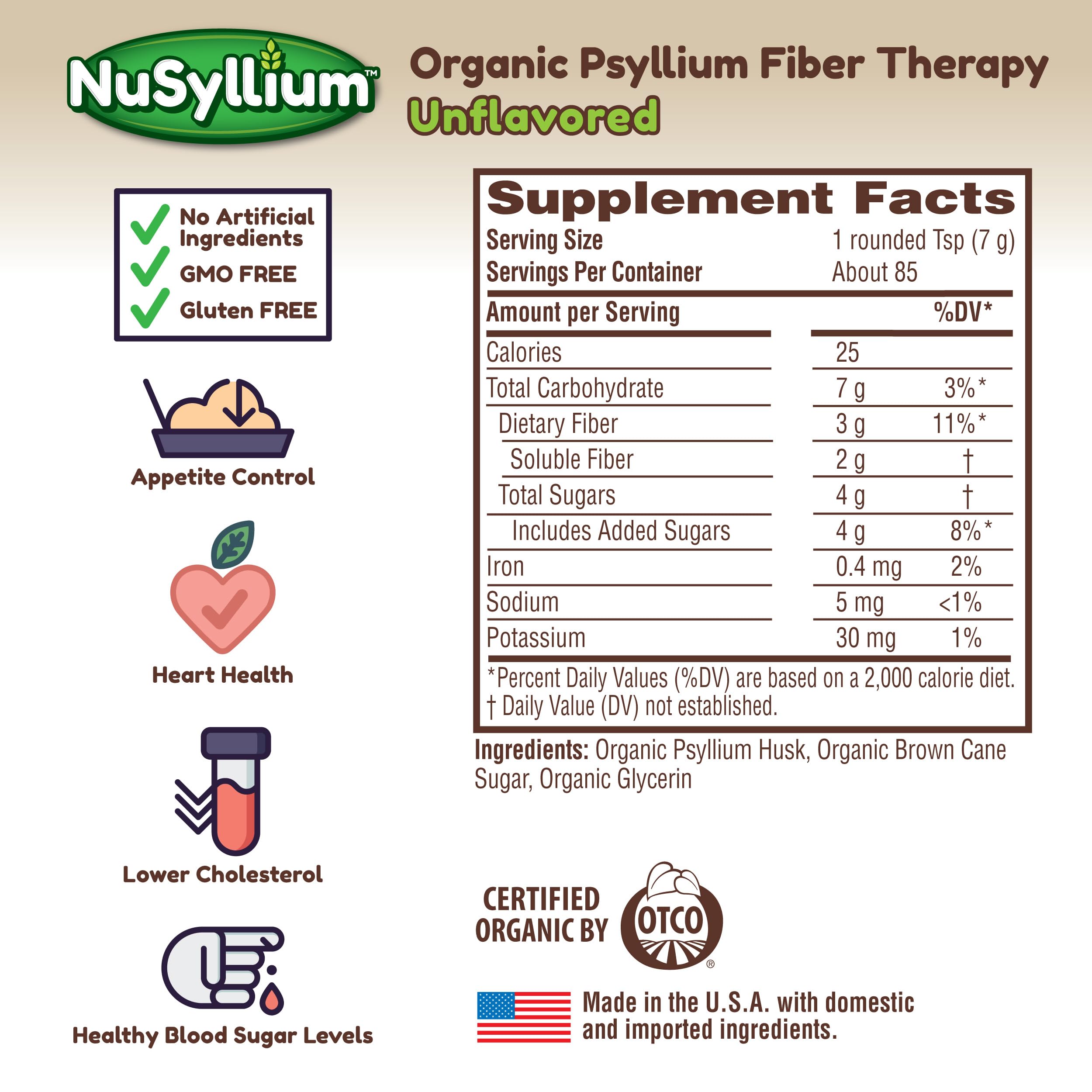 Closeup of organic brown cane sugar with NuSyllium fiber ingredients