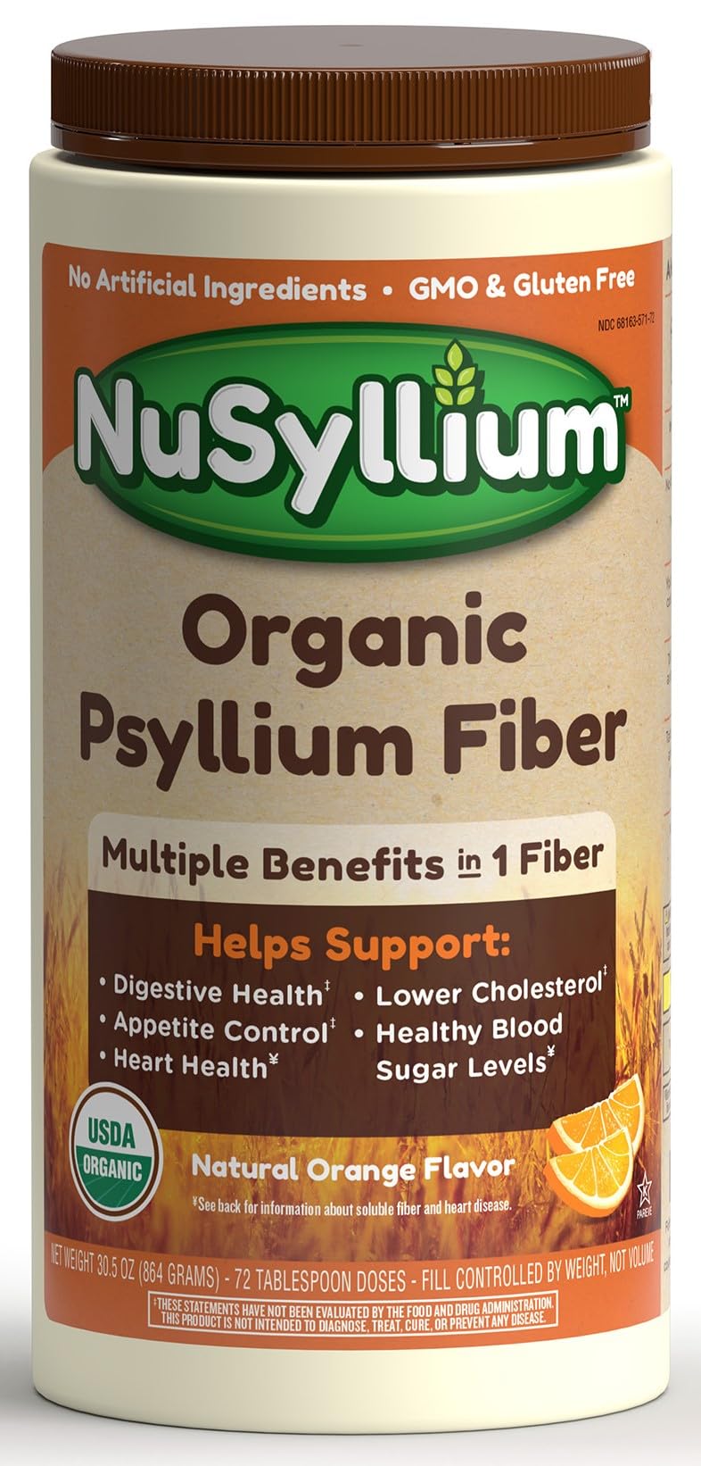 NuSyllium organic psyllium husk powder in a tub for daily fiber.