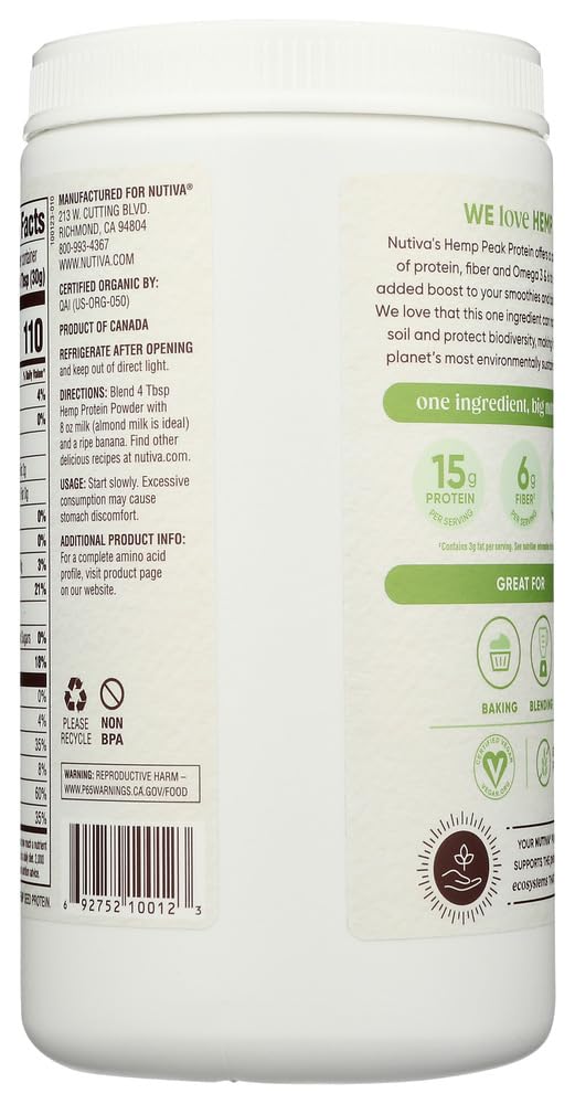Close-up of Nutiva Hemp Protein powder showing nutty aroma for smoothies.