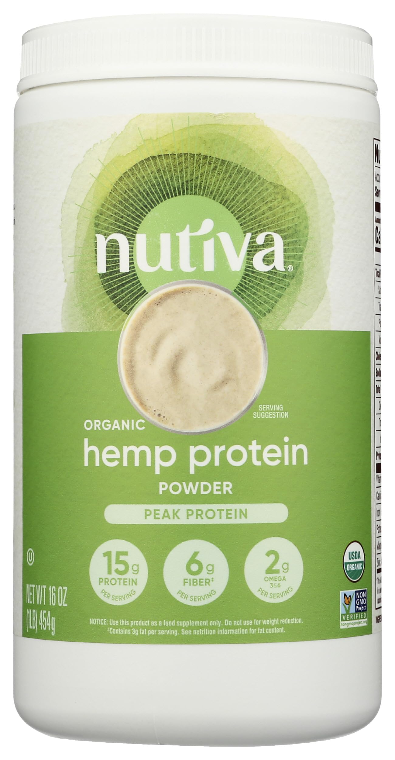 Nutiva hemp seed protein bottle showcases organic, non-GMO protein for vegan shakes.
