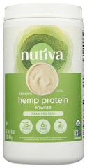 Nutiva hemp seed protein bottle showcases organic, non-GMO protein for vegan shakes.