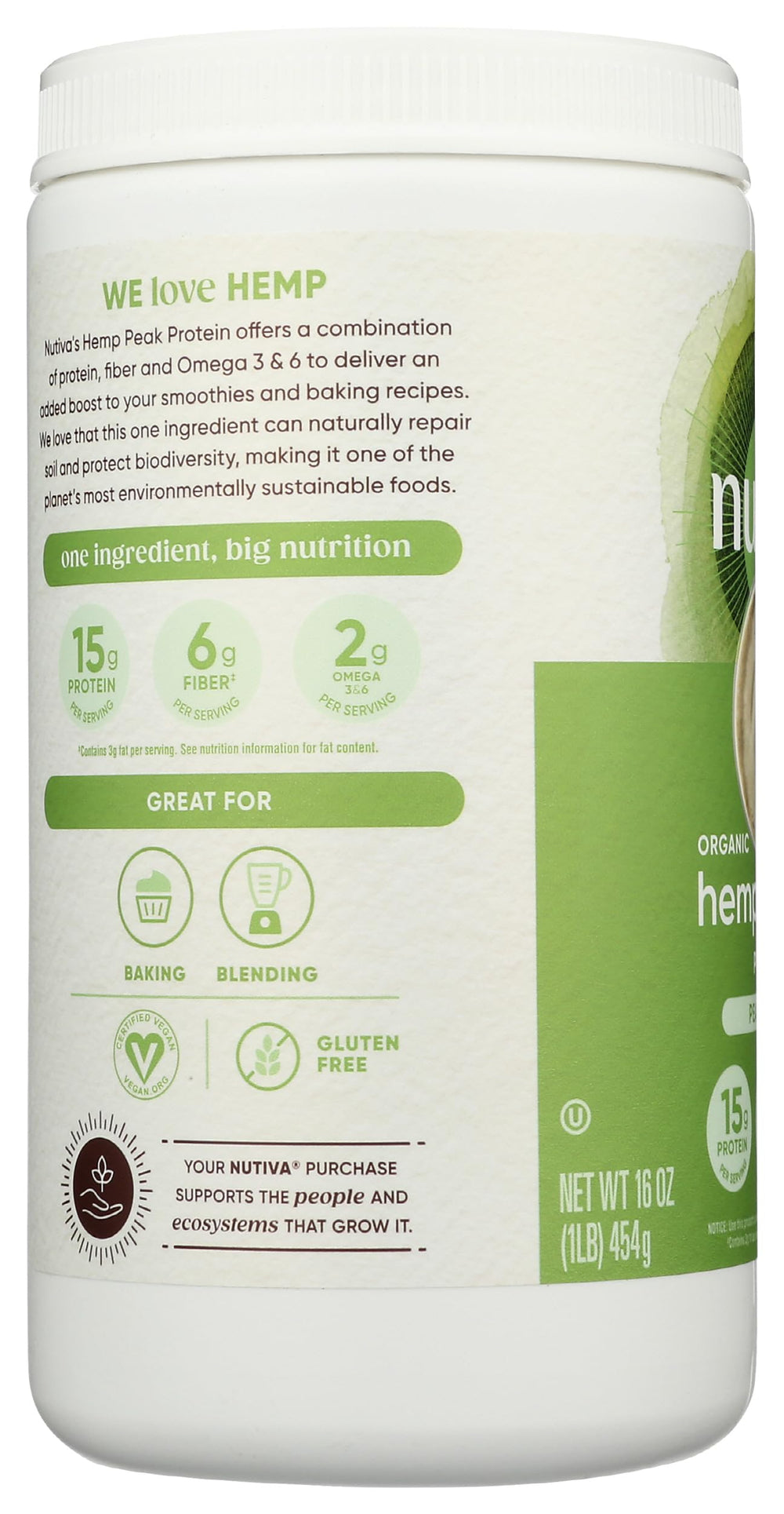 Nutiva hemp seed protein close-up highlights omega-3 fats and antioxidants.
