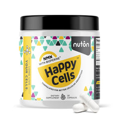 Nuton Happy Cells bottle closeup highlighting NMN capsules for healthy aging support.