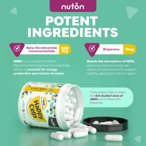 Nuton Happy Cells label closeup highlighting NMN and Bioperine.