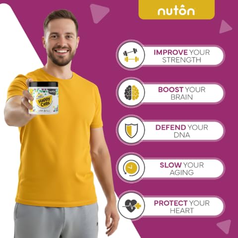 Nuton Happy Cells on shelf in clean kitchen setting.