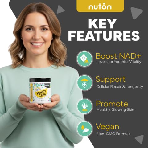 Nuton Happy Cells bottle on desk with clear label for easy use.