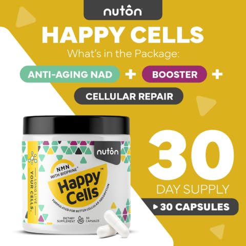Nuton Happy Cells packaging shows vegan, non-GMO formula.