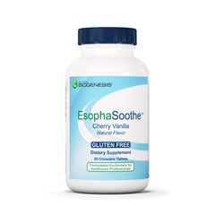 Nutra BioGenesis EsophaSoothe bottle front, cherry-vanilla chew for easy on-the-go esophageal support.