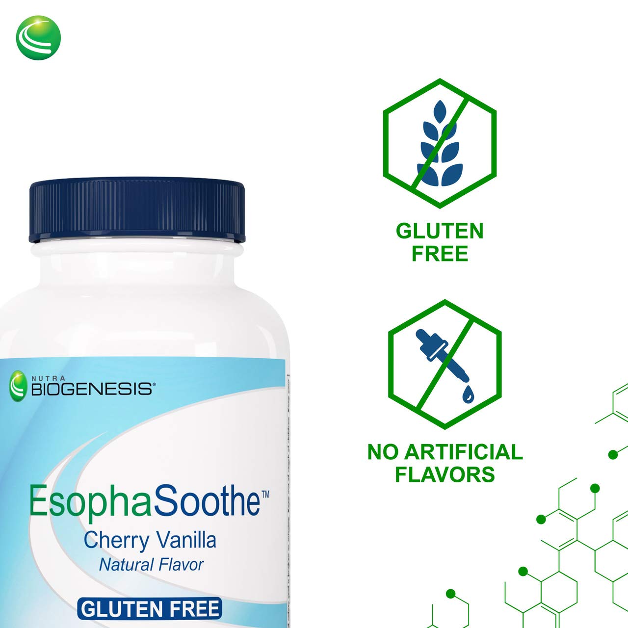 Nutra BioGenesis EsophaSoothe ingredients close-up featuring calcium, magnesium, potassium for support.