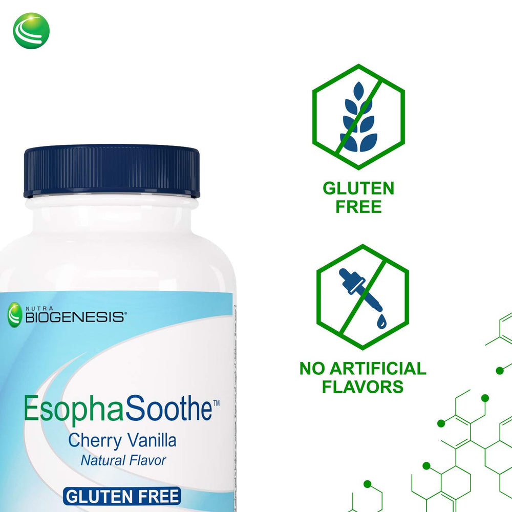 Nutra BioGenesis EsophaSoothe ingredients close-up featuring calcium, magnesium, potassium for support.
