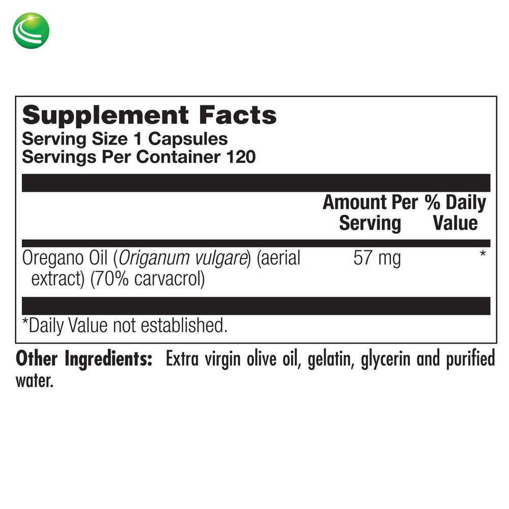Nutra BioGenesis oregano oil softgel capsules shown for everyday herbal support.