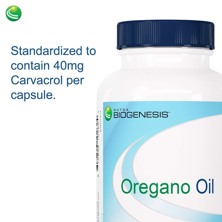 Open Nutra BioGenesis oregano oil softgel bottle showing capsules for a simple daily routine.