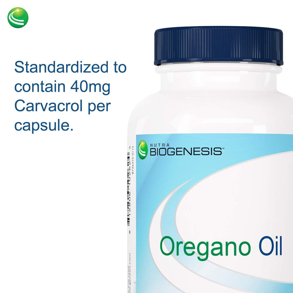 Open Nutra BioGenesis oregano oil softgel bottle showing capsules for a simple daily routine.