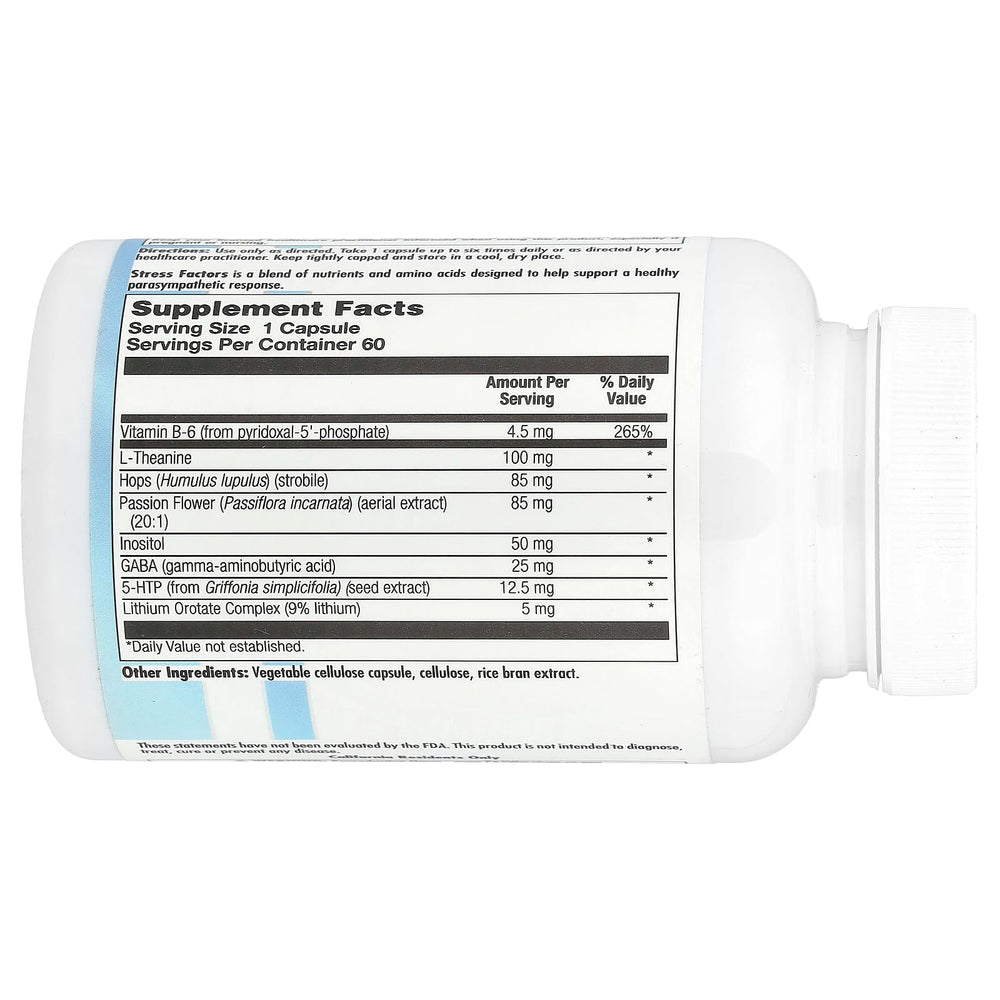 Nutra BioGenesis Stress Factors bottle with L-Theanine capsules for relaxed focus throughout the day