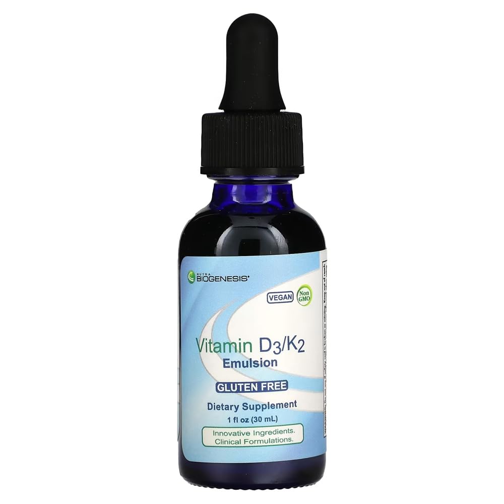 Nutra BioGenesis Vitamin D3/K2 emulsion dropper for bone health and immune function in adults and kids.