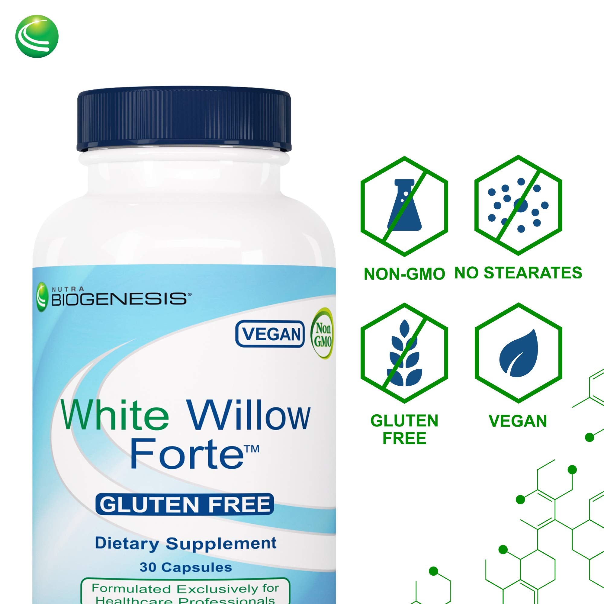 Nutra BioGenesis White Willow Forte canister shows 240 mg extract with 25% salicin content.