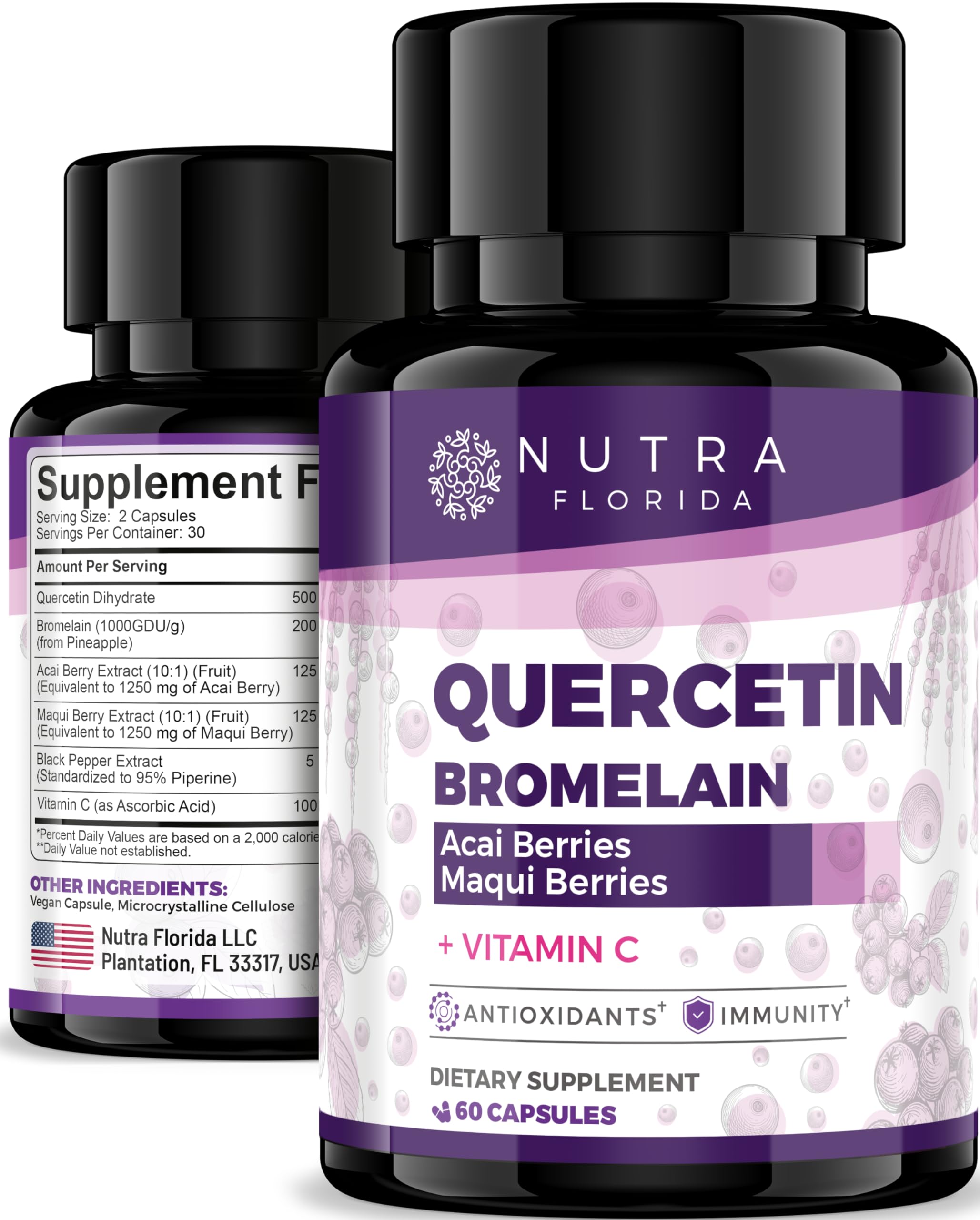 Nutra Florida Quercetin 500mg bottle provides antioxidant support for daily wellness.
