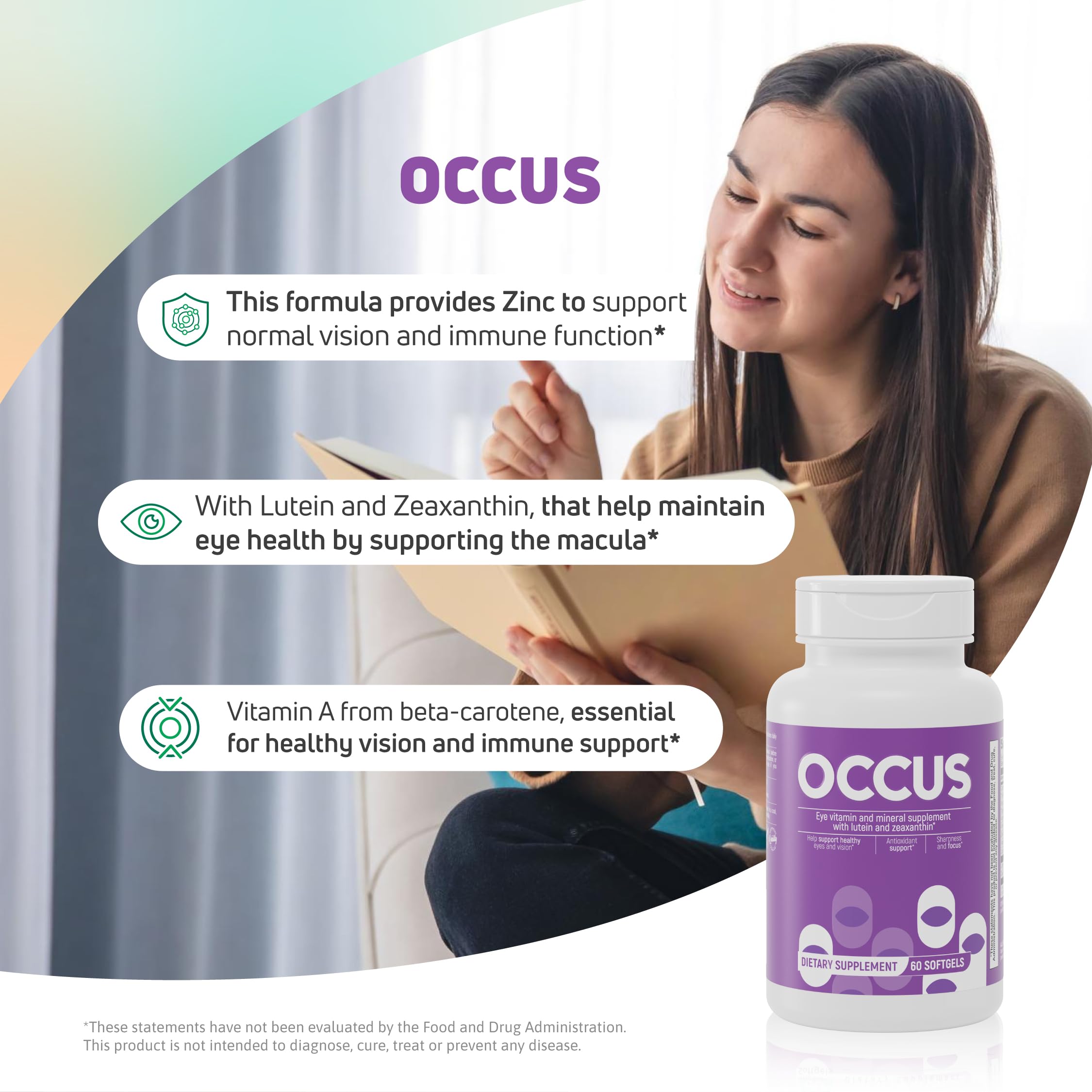 Nutra Nutrition Eye Vitamins beta carotene and zinc for antioxidant support.