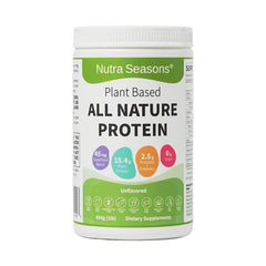 Nutra Seasons All Nature Protein Powder jar shows vegan pea protein for steady energy.