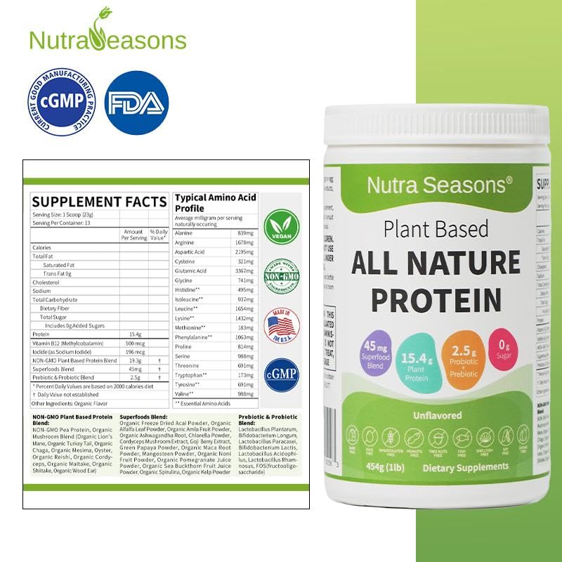 Nutra Seasons Mushroom Blend bottle highlights immune-supporting mushrooms for daily wellness.