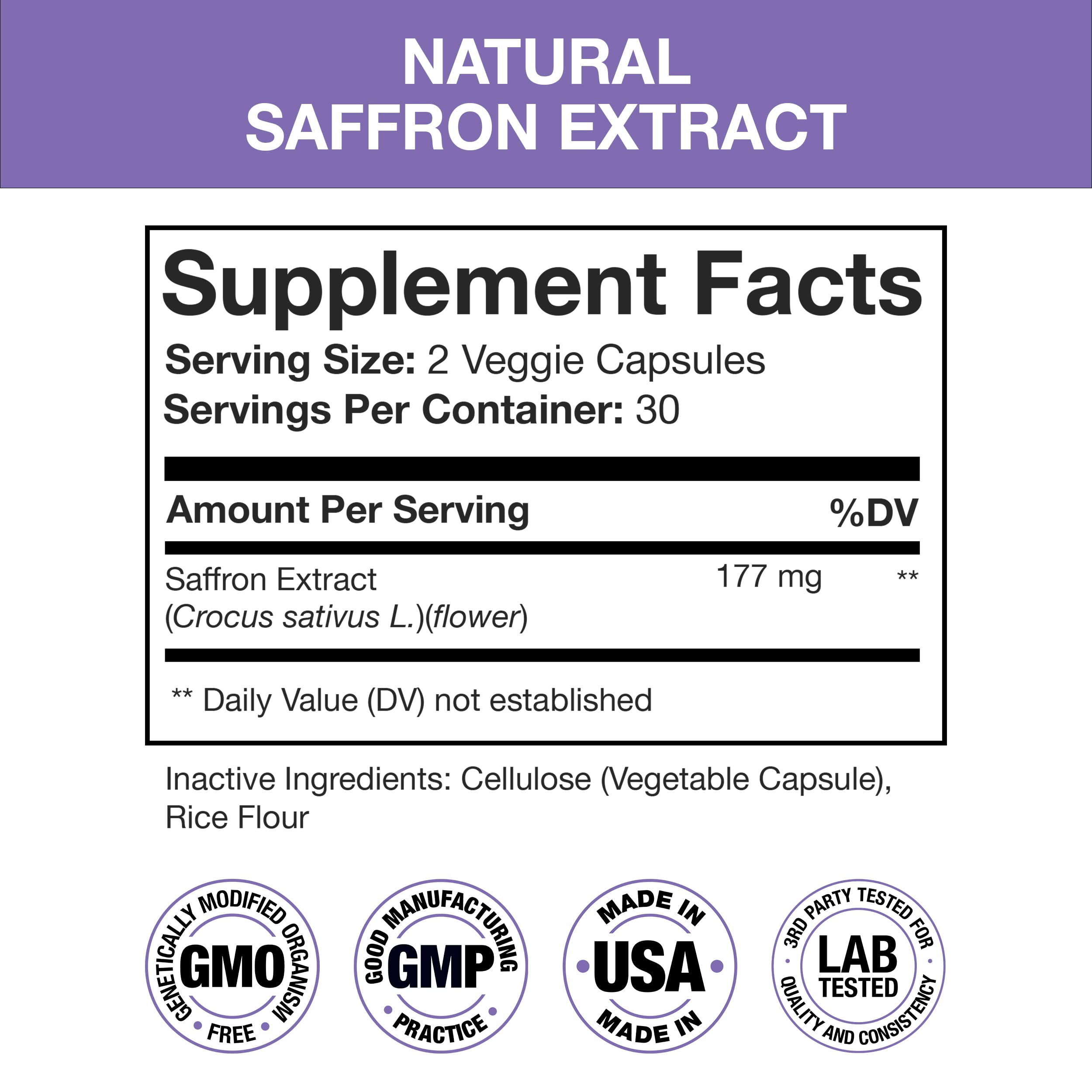 Nutra Simple saffron capsules close-up showing 177 mg per serving.