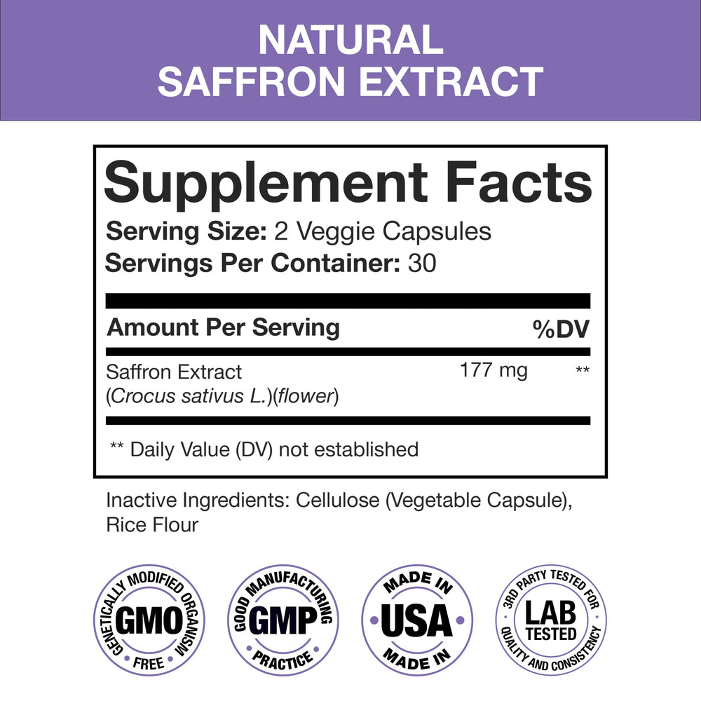 Nutra Simple saffron capsules close-up showing 177 mg per serving.