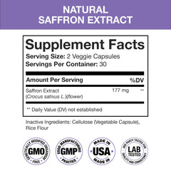 Nutra Simple saffron capsules close-up showing 177 mg per serving.