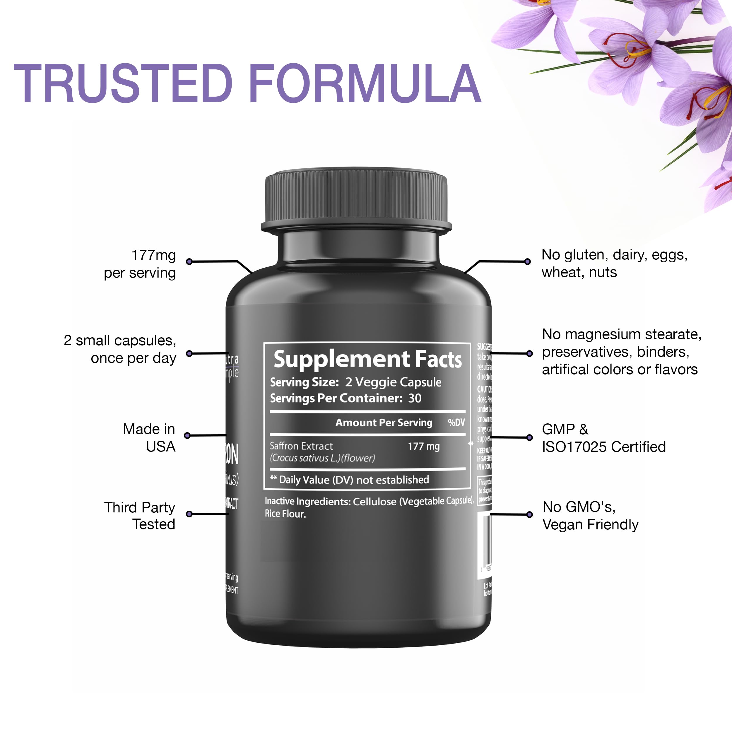 Nutra Simple saffron ingredients close-up highlighting crocin and safranal antioxidants.