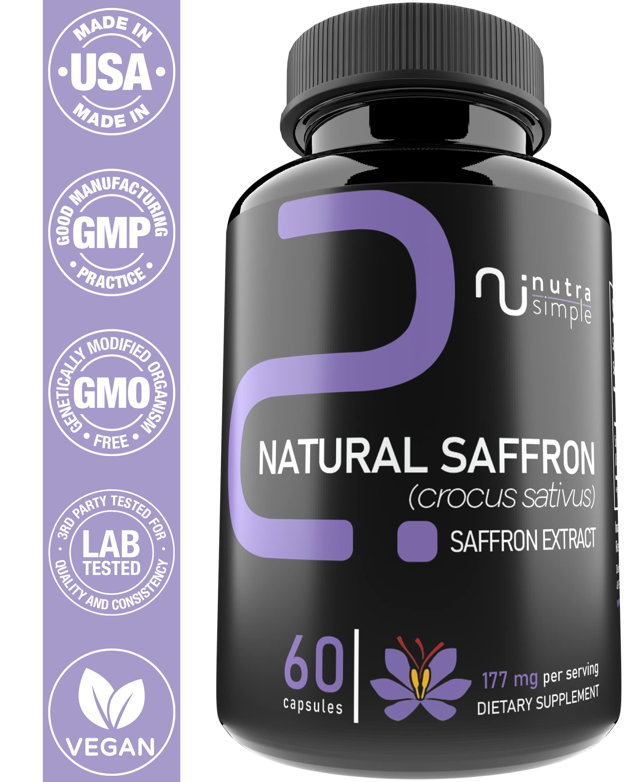 Nutra Simple saffron label highlights vegan, non-GMO formula for clean wellness.