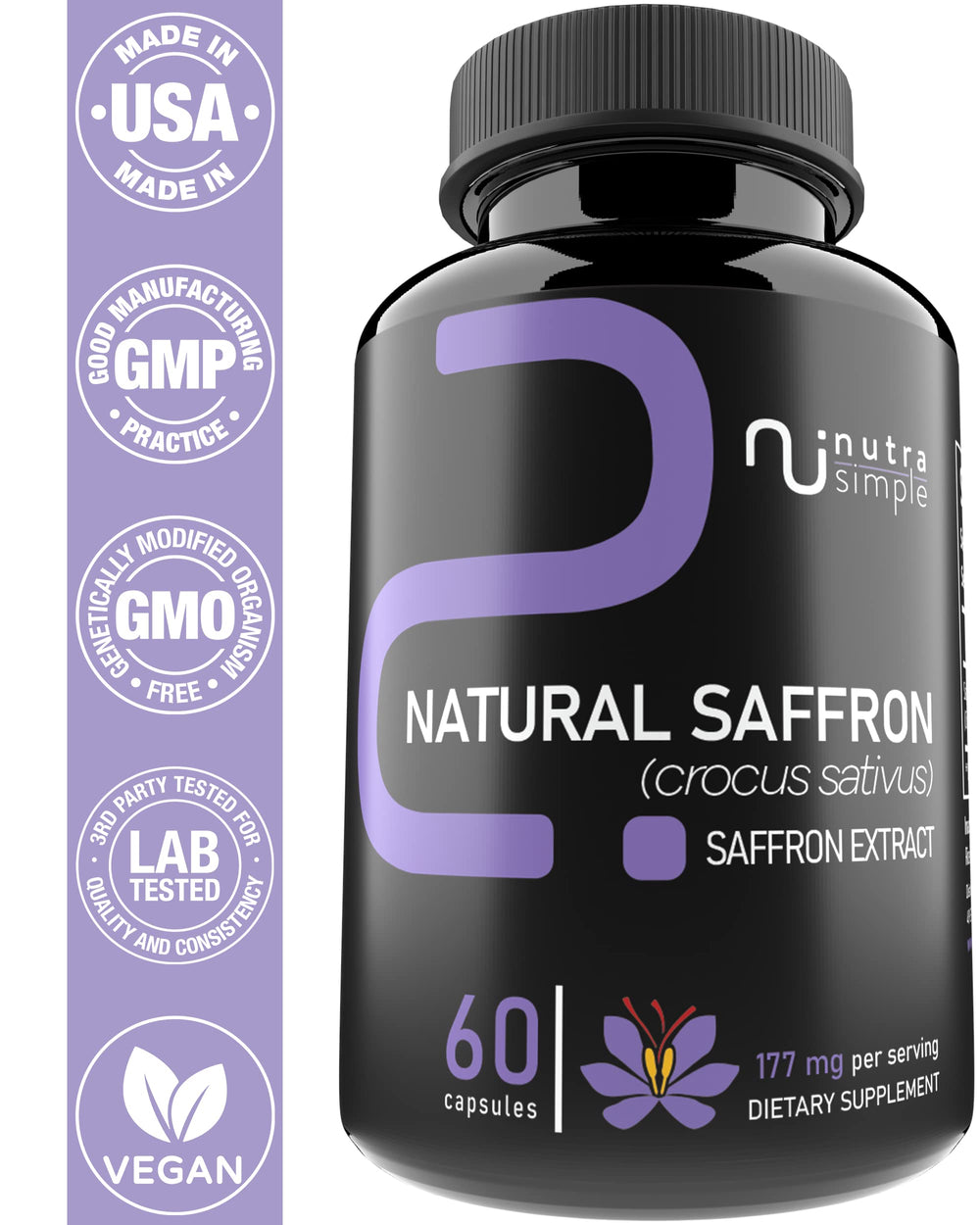 Nutra Simple saffron label highlights vegan, non-GMO formula for clean wellness.