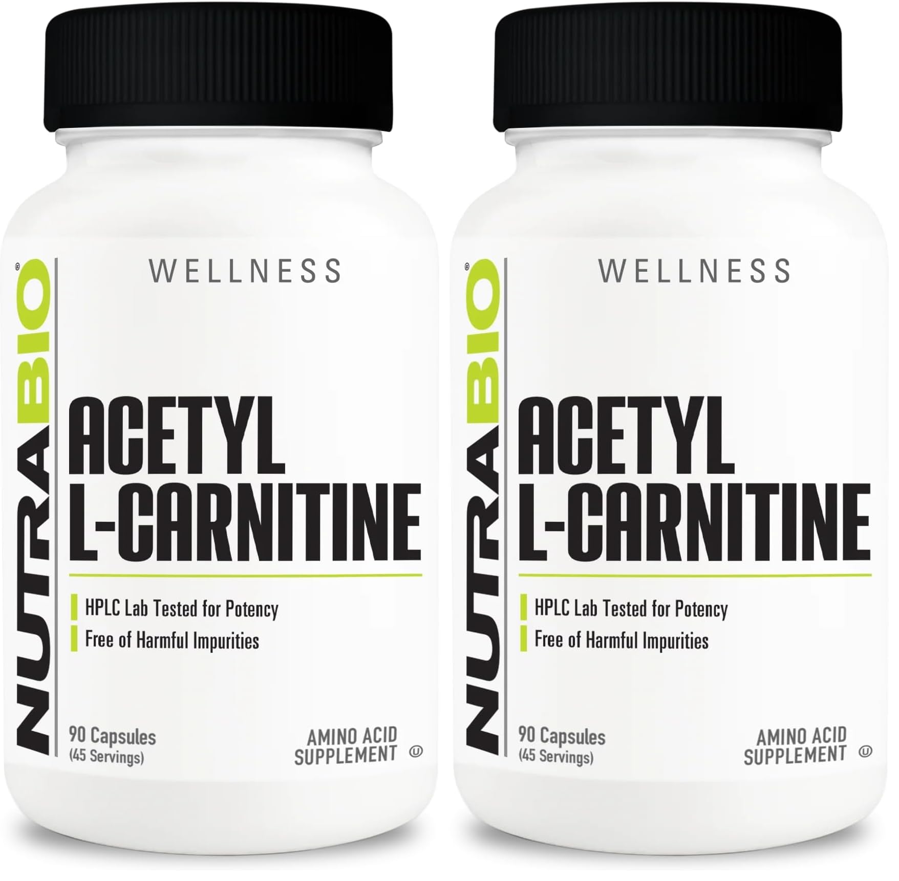 NutraBio Acetyl L-Carnitine bottle front for mental clarity and energy support.