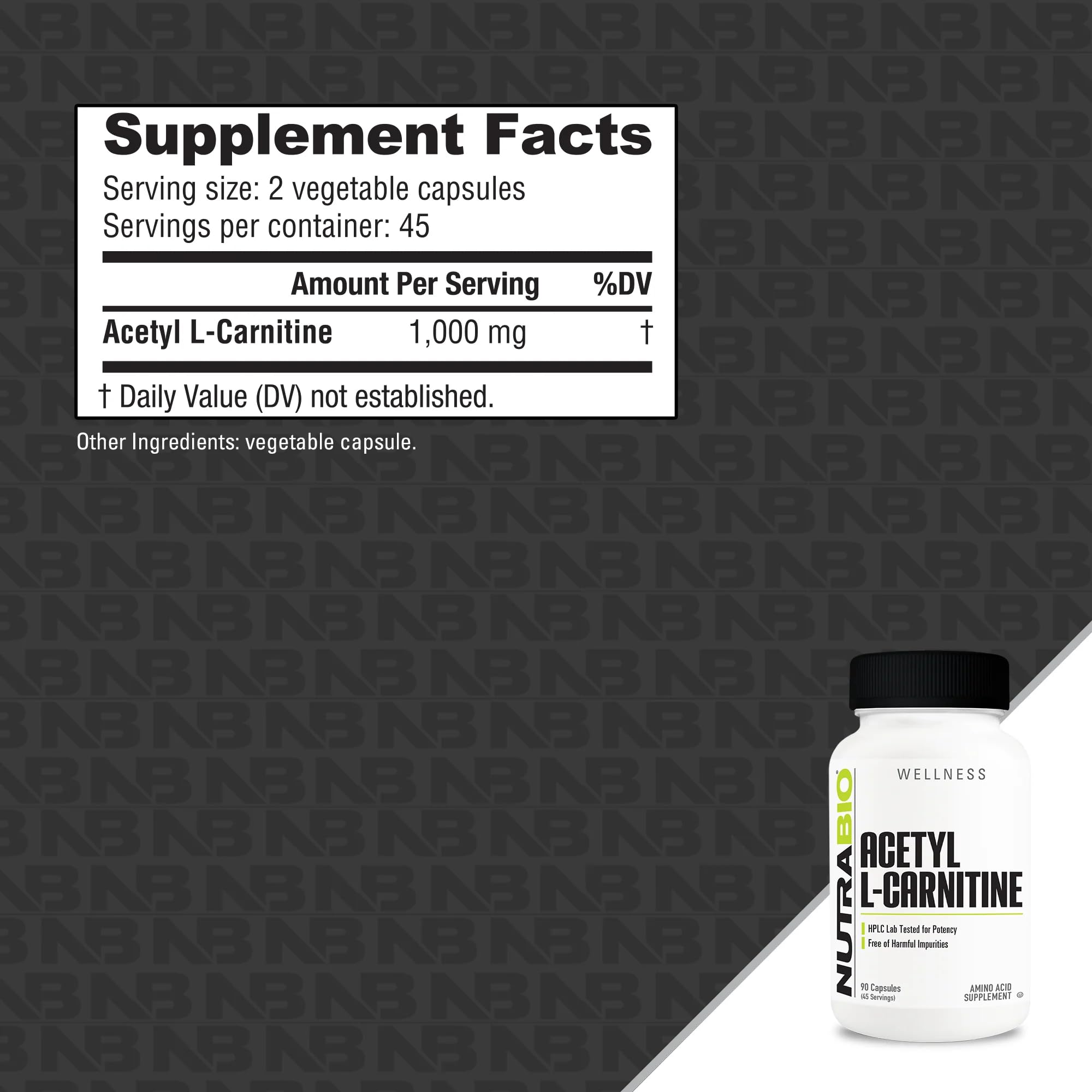 NutraBio Acetyl L-Carnitine bottle side shows ingredients and quality standards.