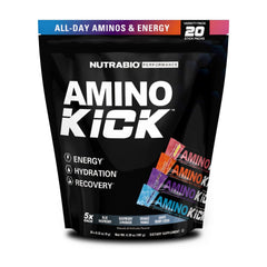 NutraBio Amino Kick bottle angled view for steady energy and hydration.