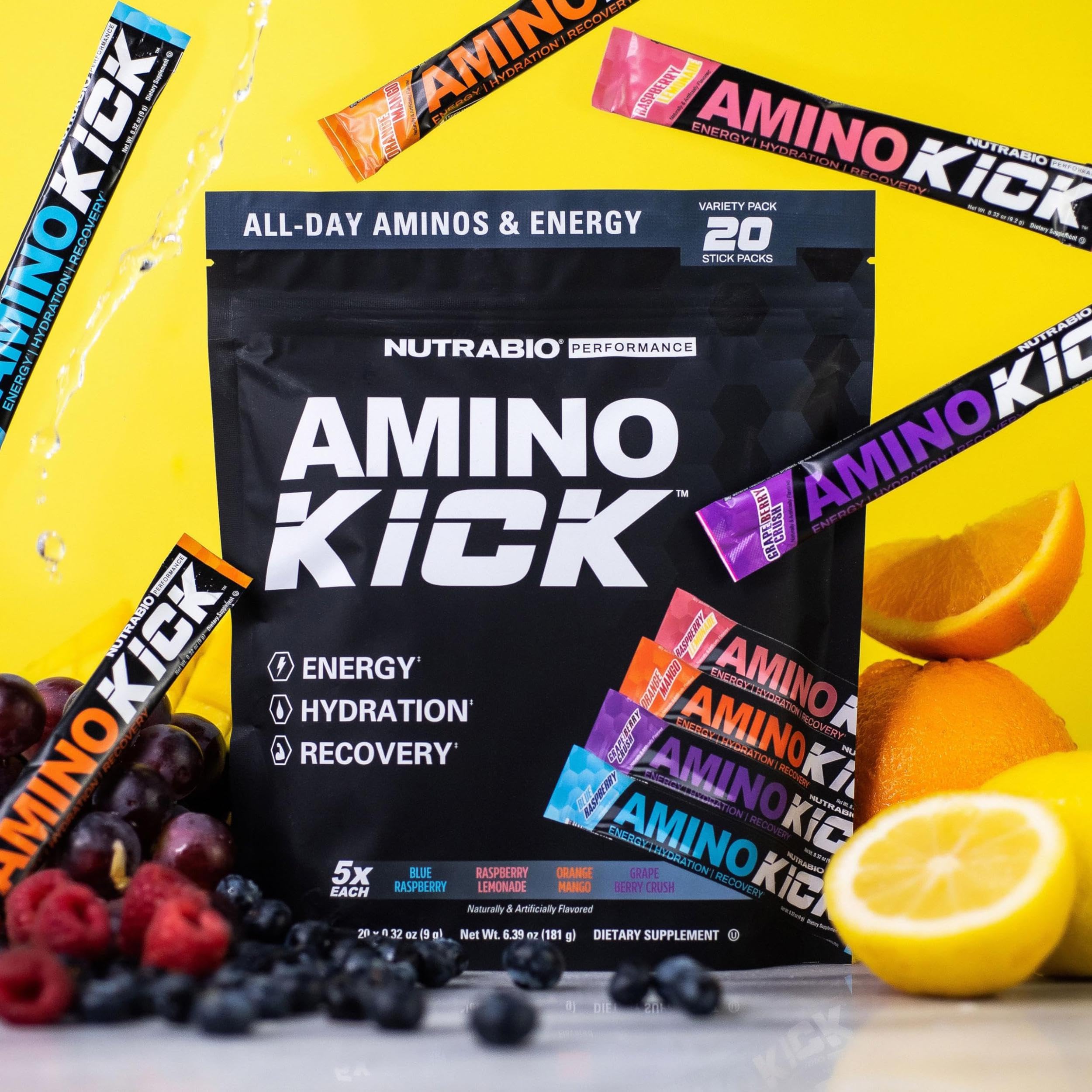 NutraBio Amino Kick dissolved in glass showing hydration and focus.