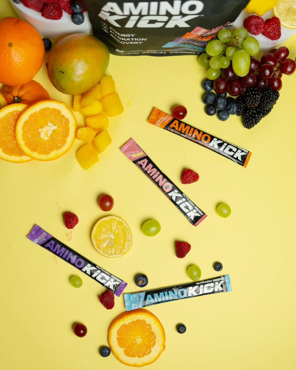 NutraBio Amino Kick ingredient label highlighting amino acids and caffeine.