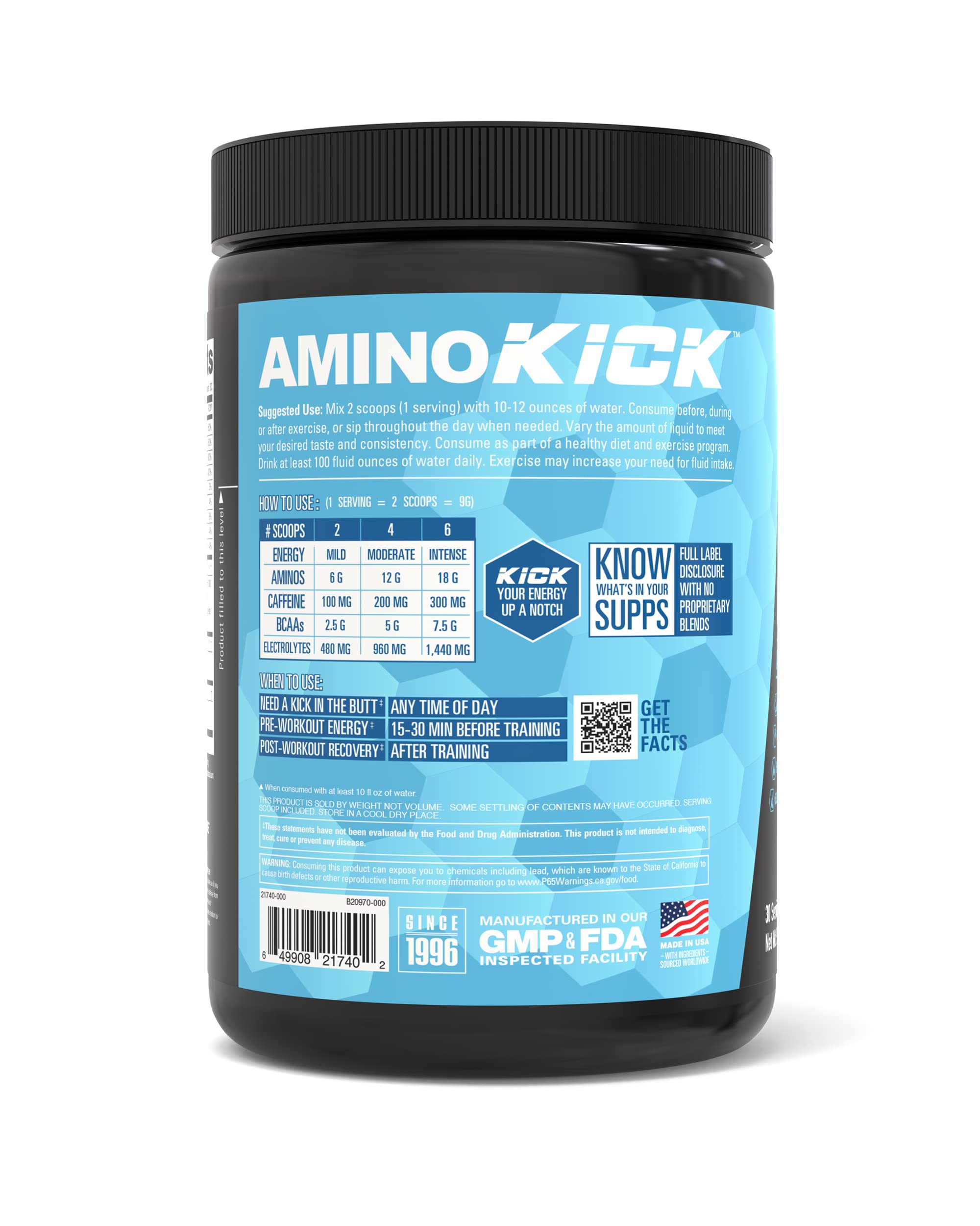 NutraBio Amino Kick nutrition facts close-up highlighting amino acids