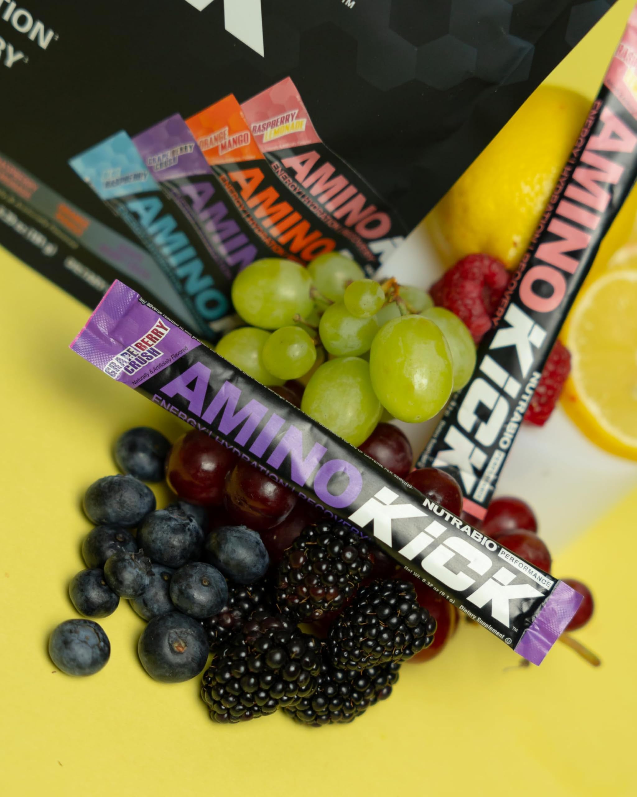 NutraBio Amino Kick powder pack ready for workouts.