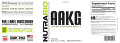 NutraBio Arginine AKG label closeup emphasizes pure form and third-party tested quality.