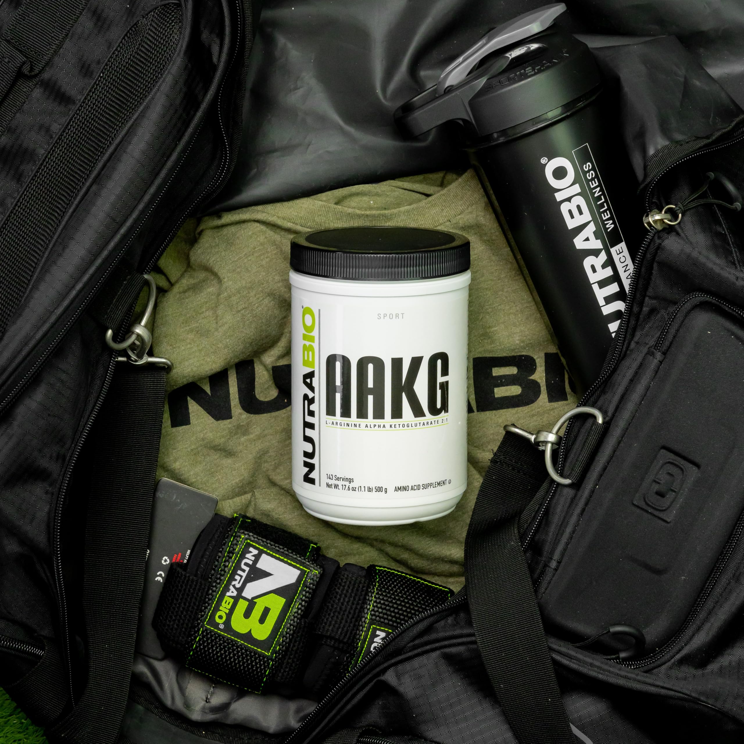 NutraBio Arginine AKG muscle-pump visual suggests enhanced blood flow during training.