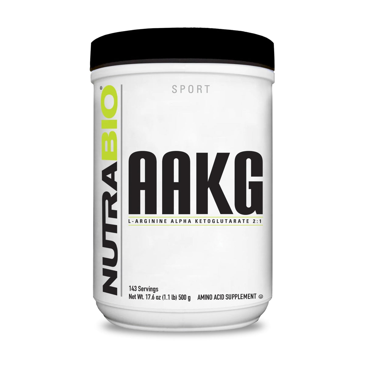 NutraBio Arginine AKG powder tub shown for lean mass support and NO boost.