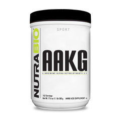 NutraBio Arginine AKG powder tub shown for lean mass support and NO boost.