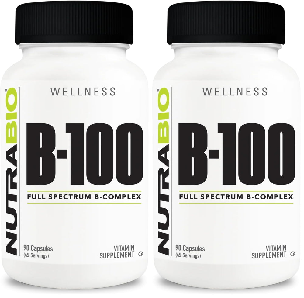 NutraBio B-100 bottle front view highlighting comprehensive B-vitamins for daily vitality.