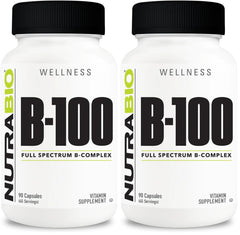 NutraBio B-100 bottle front view highlighting comprehensive B-vitamins for daily vitality.