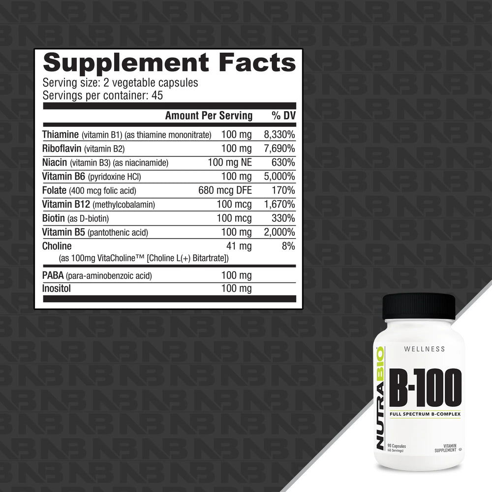 NutraBio B-100 bottle label showing no fillers and full transparency for trust.