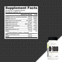 NutraBio B-100 bottle label showing no fillers and full transparency for trust.