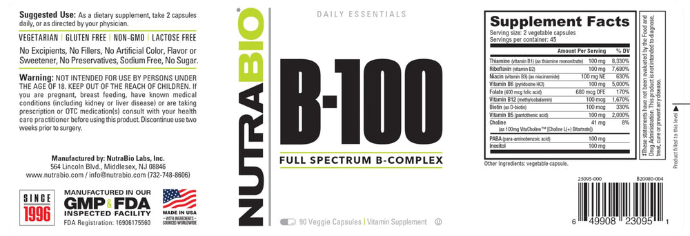 NutraBio B-100 bottle side view with clear servings and two-pack information.