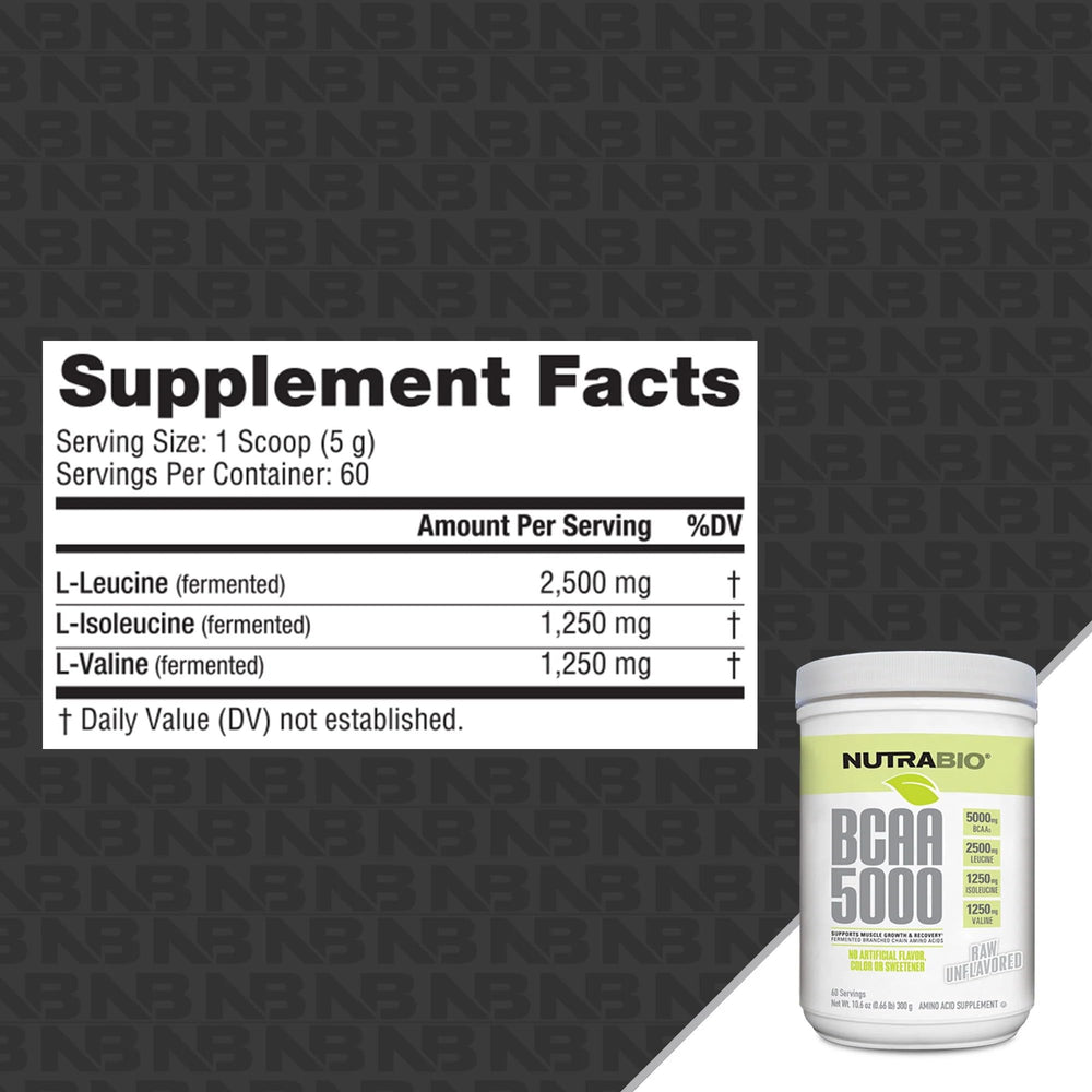 NutraBio BCAA 5000 jar label detail highlighting 2:1:1 amino ratio.