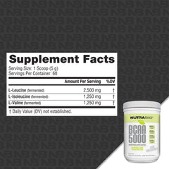NutraBio BCAA 5000 jar label detail highlighting 2:1:1 amino ratio.