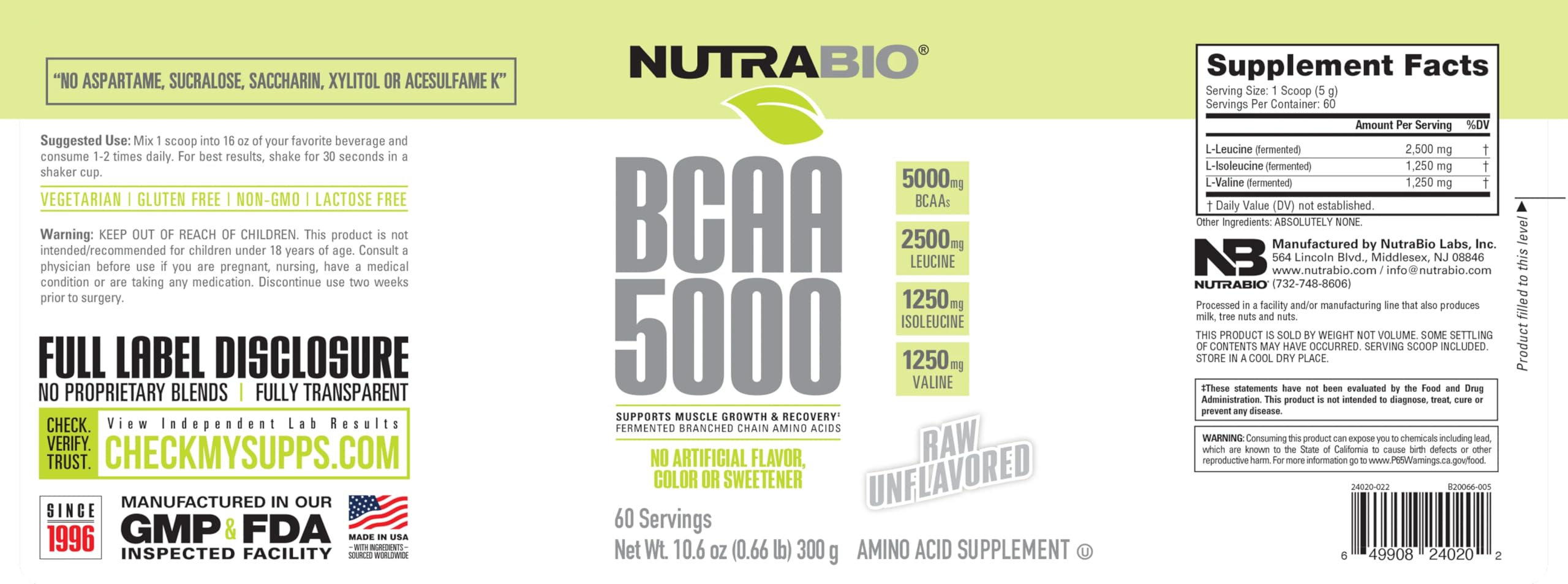 NutraBio BCAA 5000 scoop showing serving size for easy dosing.